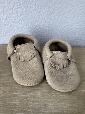 Freshly Picked Taupe Kids Moccasins with Fringe